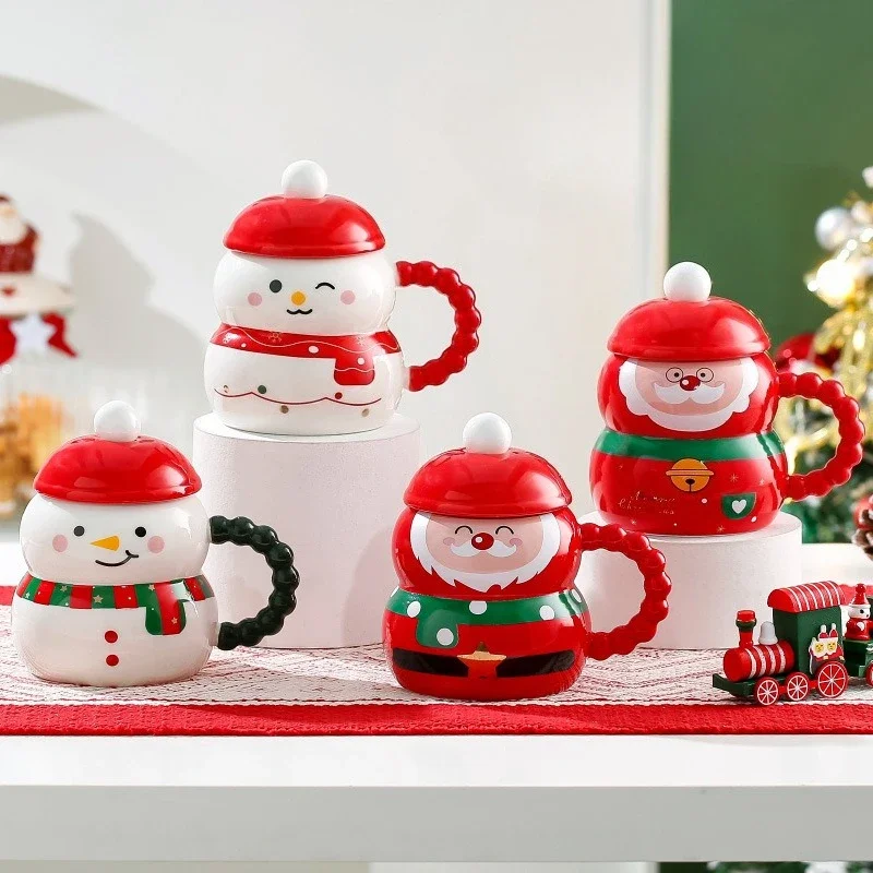 Cute Santa Claus Snowman Ceramic Coffee Cup Christmas Gift Couples Home Use Mug with Lid Spoon Couple Water Cup Home Decoration