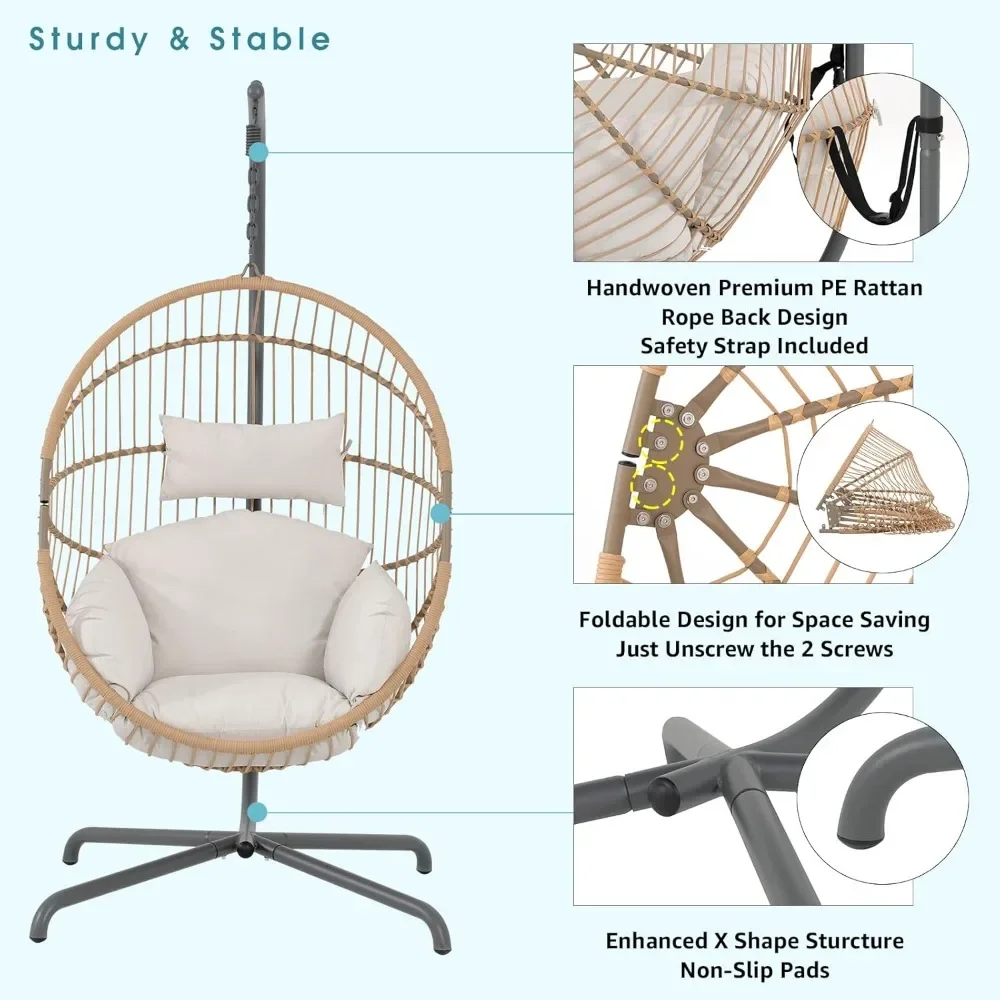 Indoor Outdoor Egg Swing Chair with Stand,  Cushion,Safety Strap,Patio Wicker Foldable Hammock Chair for Porch