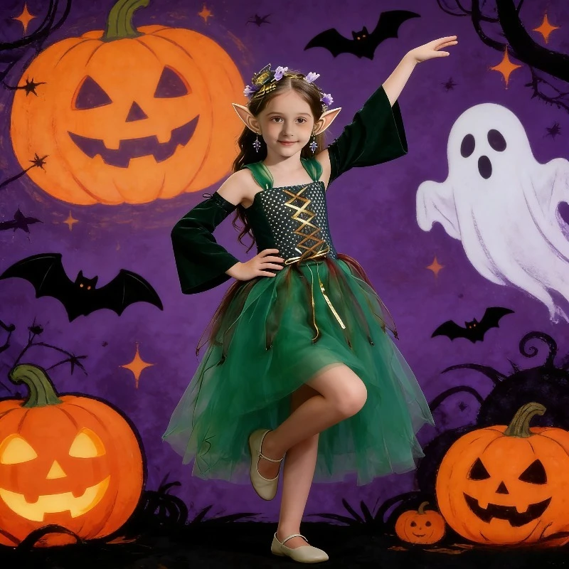 

Green Fairy Dress with Ears Headband Medieval Cosplay Costume Halloween Party Tutu Outfit Magical Roleplay Festival Stage Show
