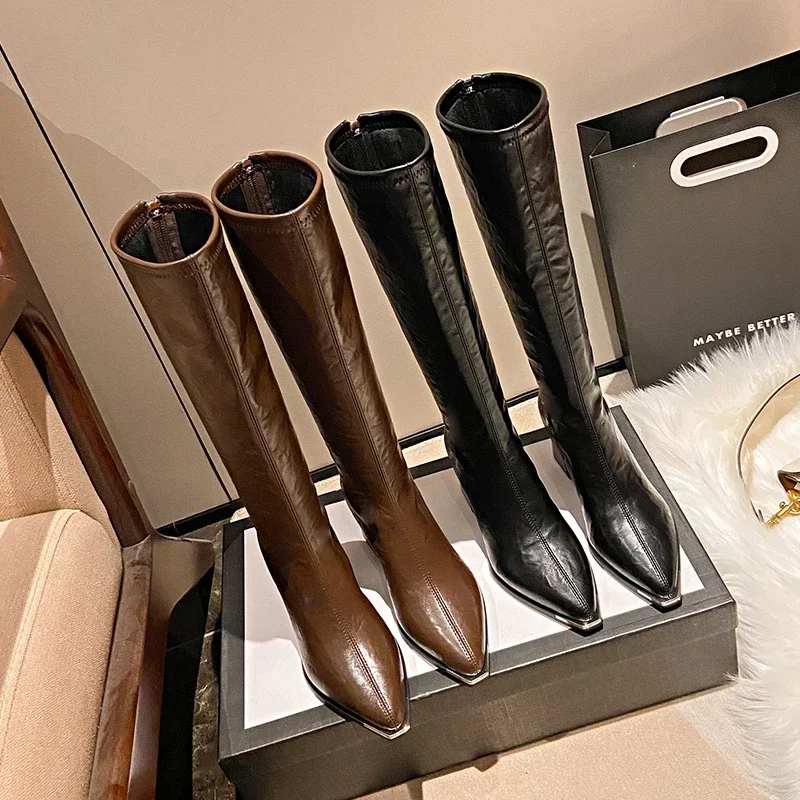 New Knee-high Boots 2024 Winter Warm High Heel Women Boots Fashion Pointed Zip Lady Shoes Trend British Style Shoes Botas Mujer