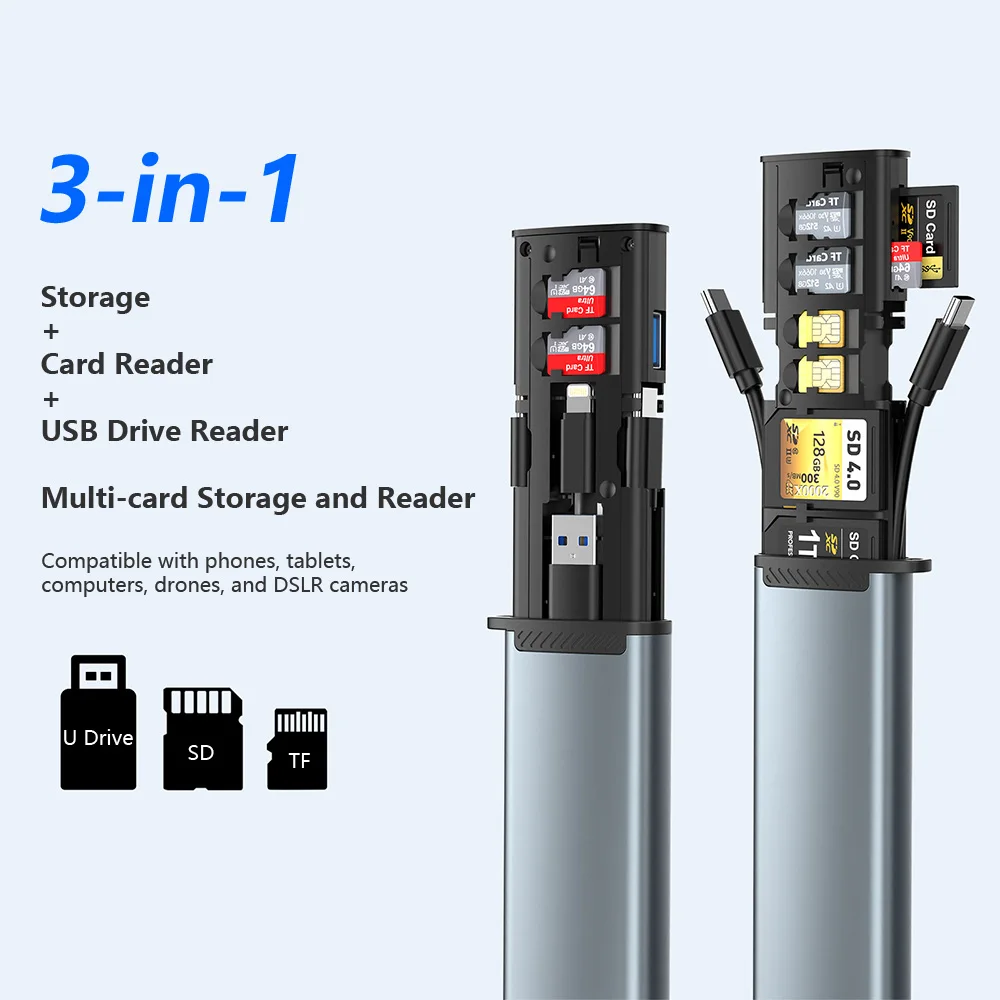 13 in 1 Multiple Card Simultaneous Reading SD/TF 3.0 High-Speed Card Reader ​​USB 2.0 Type-C Portable Aluminum Alloy Storage Box