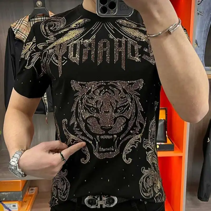 Summer Hot Drill Tiger Pattern Short Sleeve Tshirt Men Tide Brand Leisure Top Tshirt For Men Social Club Outfits Tee Shirt Homme