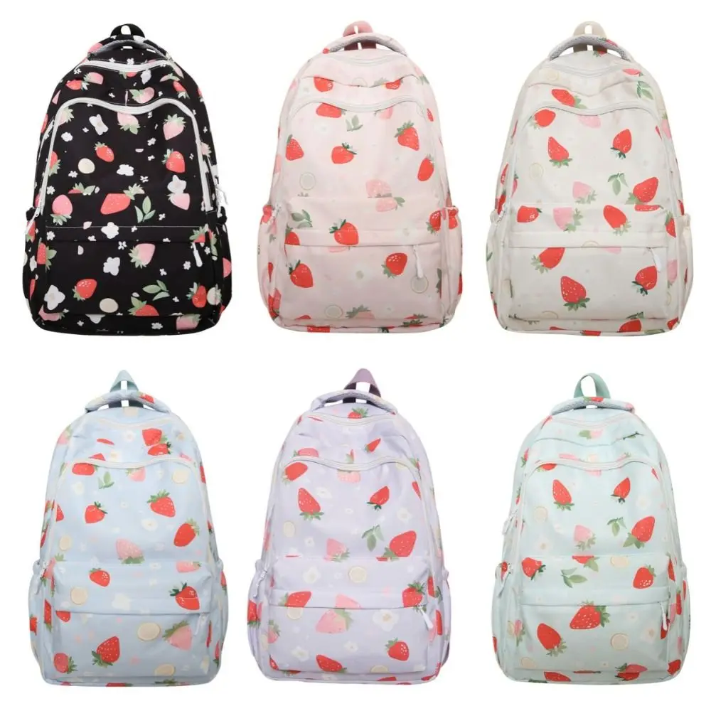 Zaino stampato con fragole di grande capacità, tracolla regolabile, zaino per studenti in stile coreano, borsa da scuola multitasca in nylon