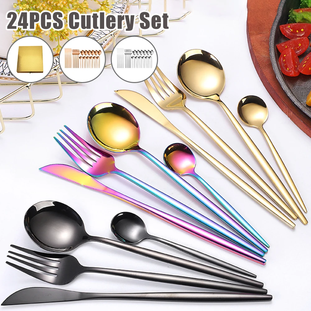 24Pcs Dinnerware Set Stainless Steel Cutlery Set Mirror Silverware Knife Fork Spoon Tableware Flatware Set Kitchen Tableware