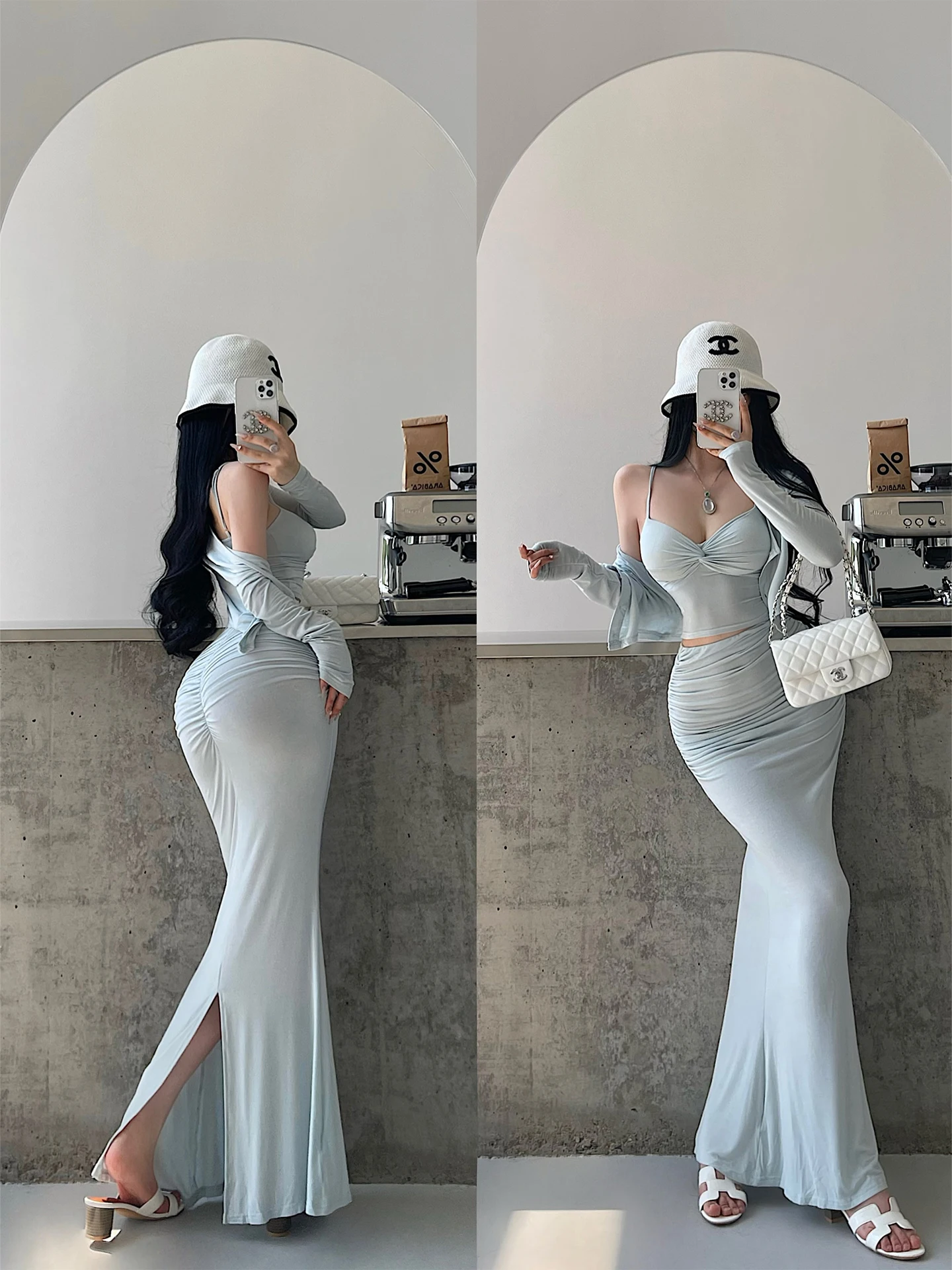 Young Girl Day Pure Desire Strap Vest Long Sleeve Open Cardigan Pleated Back Split Fish Tail Wrap around  Skirt Set