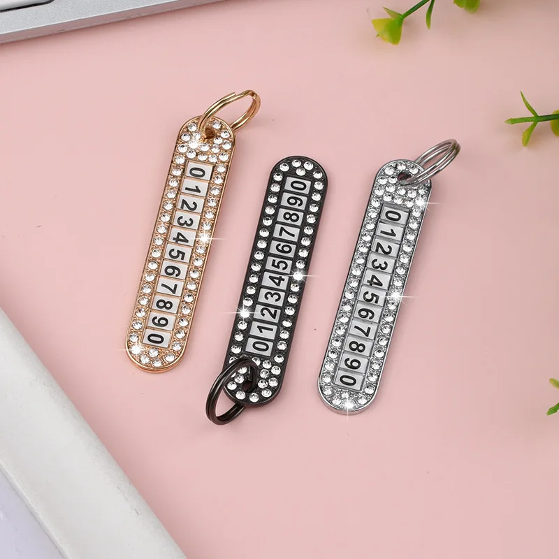 Fashionable Diamond Encrusted Anti Loss Car Keychain with Design Parking Phone Number Plate Metal Keychain for Women