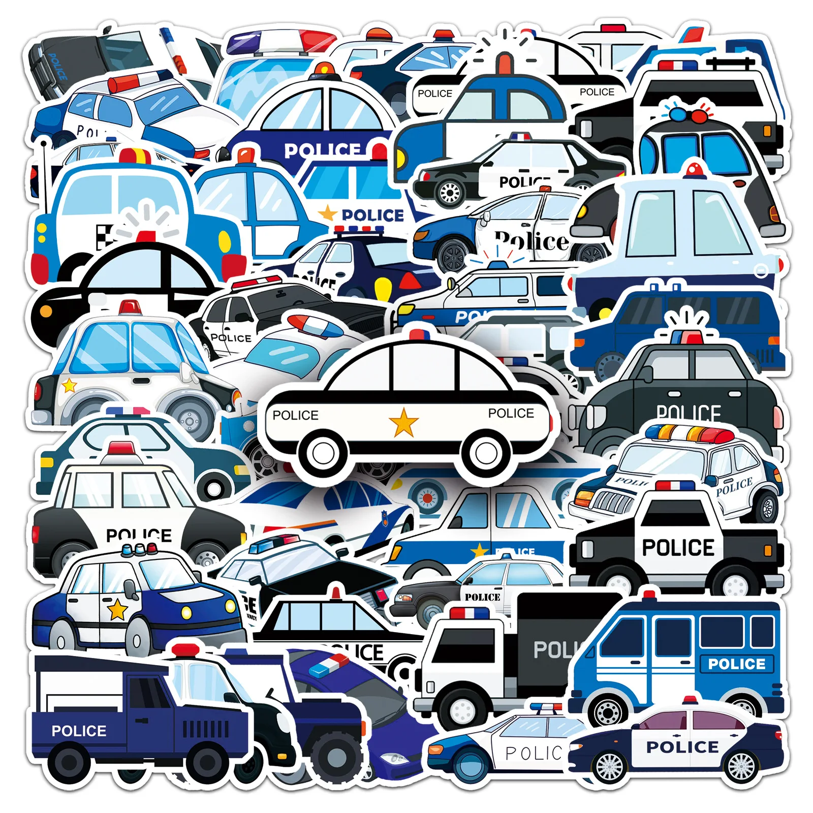 

50Pcs Cartoon Police Car Stickers Cute Cop Vehicle Decor for Laptop Bottle Journal Kids Gifts