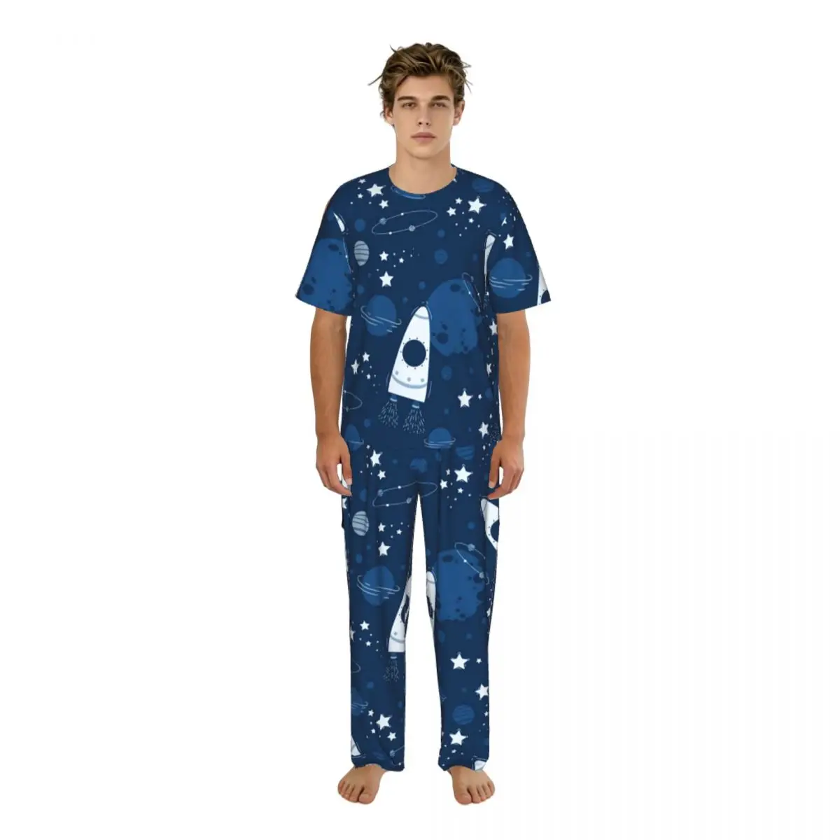 Men's Casual Pajamas Sets Short Sleeve and Pants Sets Male Sleepwear Space Planets Rockets Stars Home Clothes