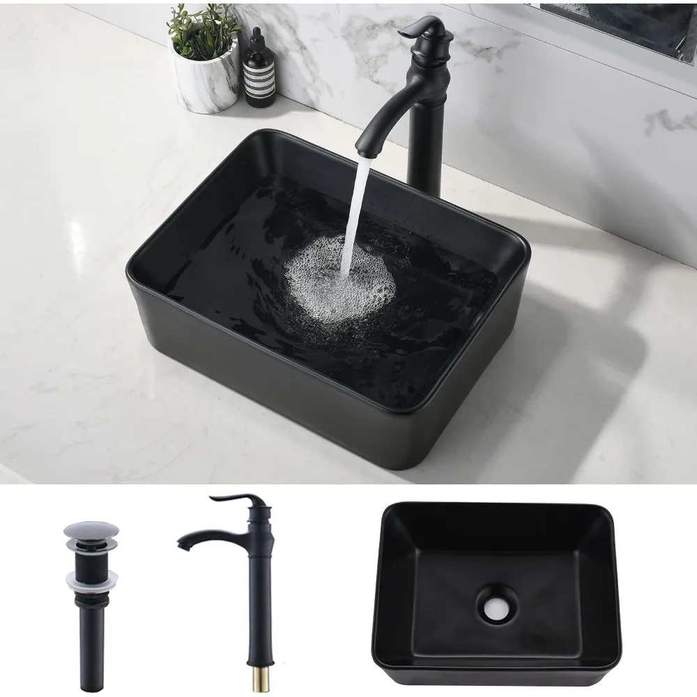 Bathroom vessel sink and Faucet Combo Ceramic Bathroom Vessel Sink Basin Washing Bowl Set, Faucet Matching Pop Up Drain Combo