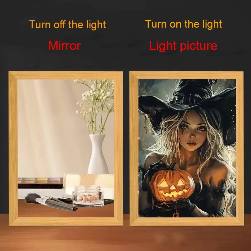 Halloween Witch Light Painting Sorceress Tri-Color Dimming Light Painting Mirror Halloween Atmosphere Light Room Decoration Gift