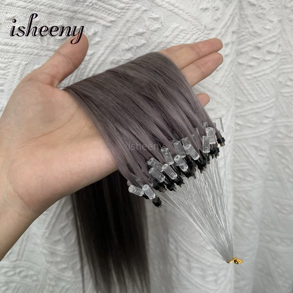 isheeny Real Nautral Human Hair Micro Loop Ring Hair Extensions in Ash Grey 12 16 20 inches Straight Easy Loop Ring Hair 50pcs