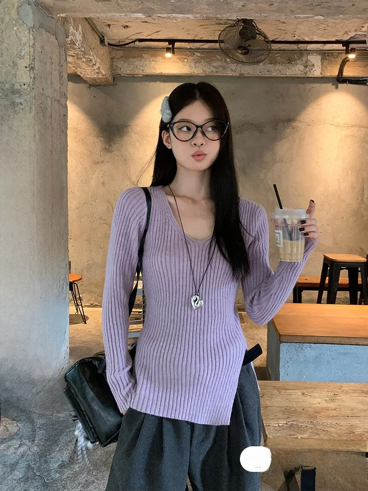 

Фиолетовый вязаный свитер с v-образным вырезом, женская весенняя верхняя одежда, тонкая внутренняя одежда нестандартной формы, верхняя одежда для поездок на работу, корейская версия