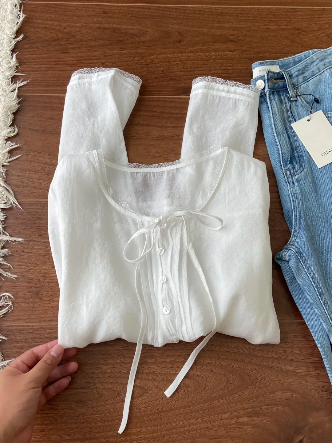 

Ele Loose Fit Lace Tie irt Thin Smooth Comfortable Modal Fabric Long Sve round Ne Pure Color Summer Faion Women'...