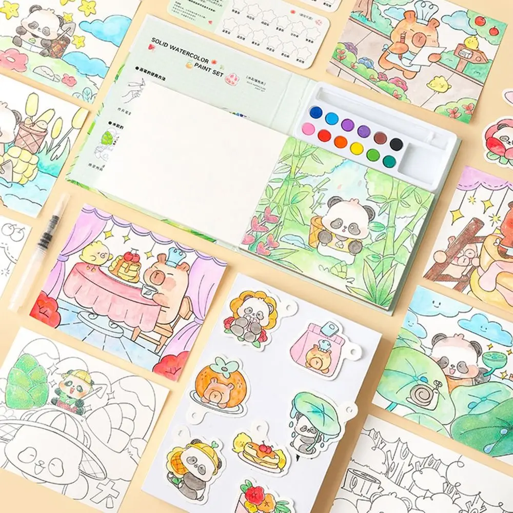 

Creative Gouache Graffiti Picture Book with 10-Color Pigment Blocks 24 Pages Blank Doodle Book Set Dip Pens DIY Coloring Book