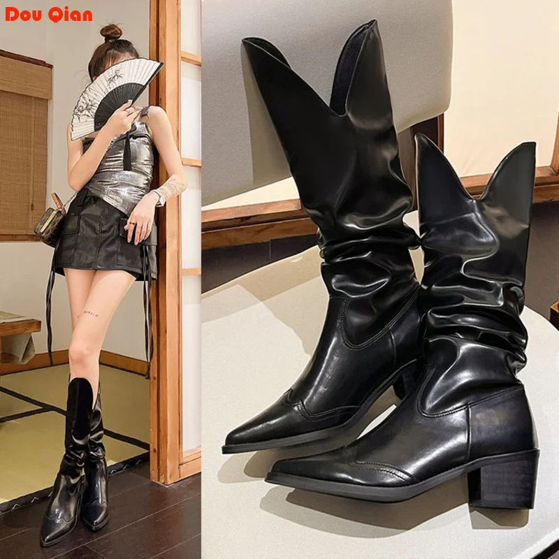 

2024 New Autumn Winter Women Thigh High Boots Female Pleated Side Deep V-mouth Women's Pointy Heel Short Knight Snow Shoes