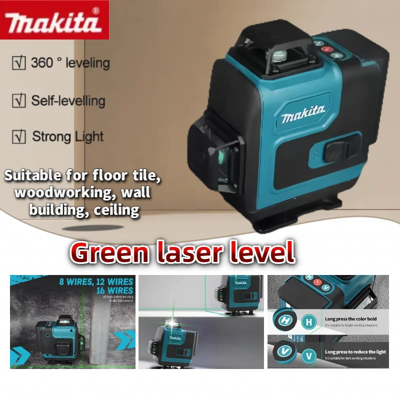 Makita alta precisão sem fio auto-nivelamento 360 horizontal vertical luz verde laser cruz fixado na parede ferramenta de nível portátil