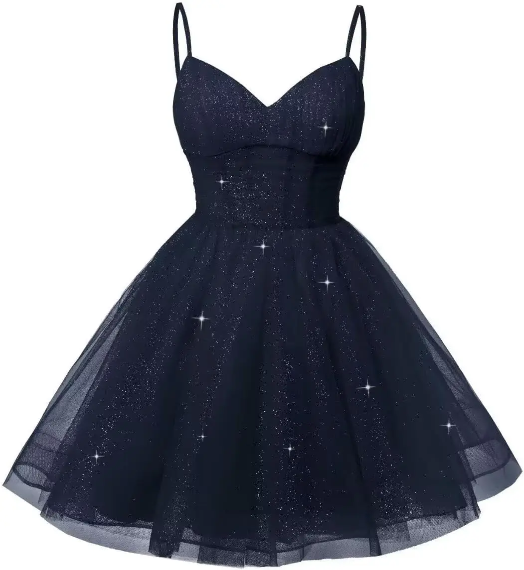 فستان كوكتيل قصير لحفلات العودة للوطن للنساء، فستان حفلات قصير لامع من التول فستان رسمي لحفلات التخرج #1