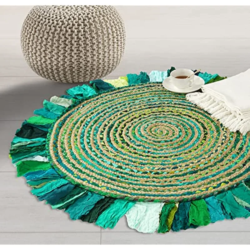 

Natural Jute Cotton Area Rug Fiber Round Collection Handmade Boho Fringe Jute Area Rug Soft Braided for Indoor