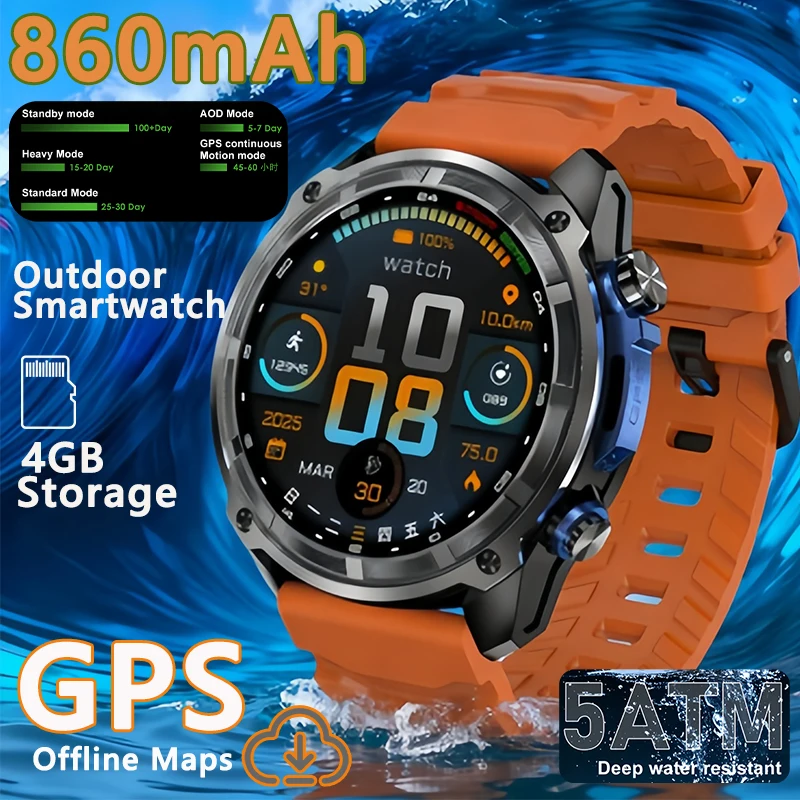 

2025 830mAh Battery Military Offline map Smart Watch 4GB Big Memory GPS Navigation MP3/MP4 Player Swim Sports trackr Smartwatch