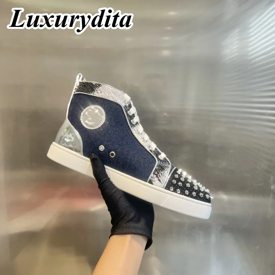 

Top Quality Womens Trendy Casual Sneakers Luxury Mens Real Leather Tennis Shoes Designr Red Sole Tide Lovers Rivet Shoes HJ0779