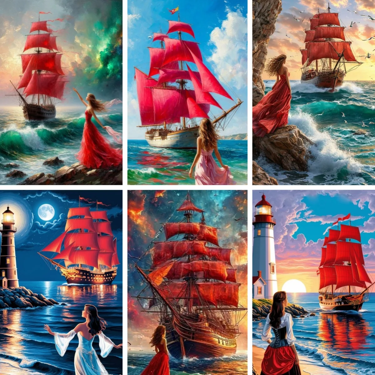 

DIY Diamond Painting Art Woman in Red Dress Waiting for Sailing Ship Full Drill Pictures of Rhinestones Mosaic Romantic Decor