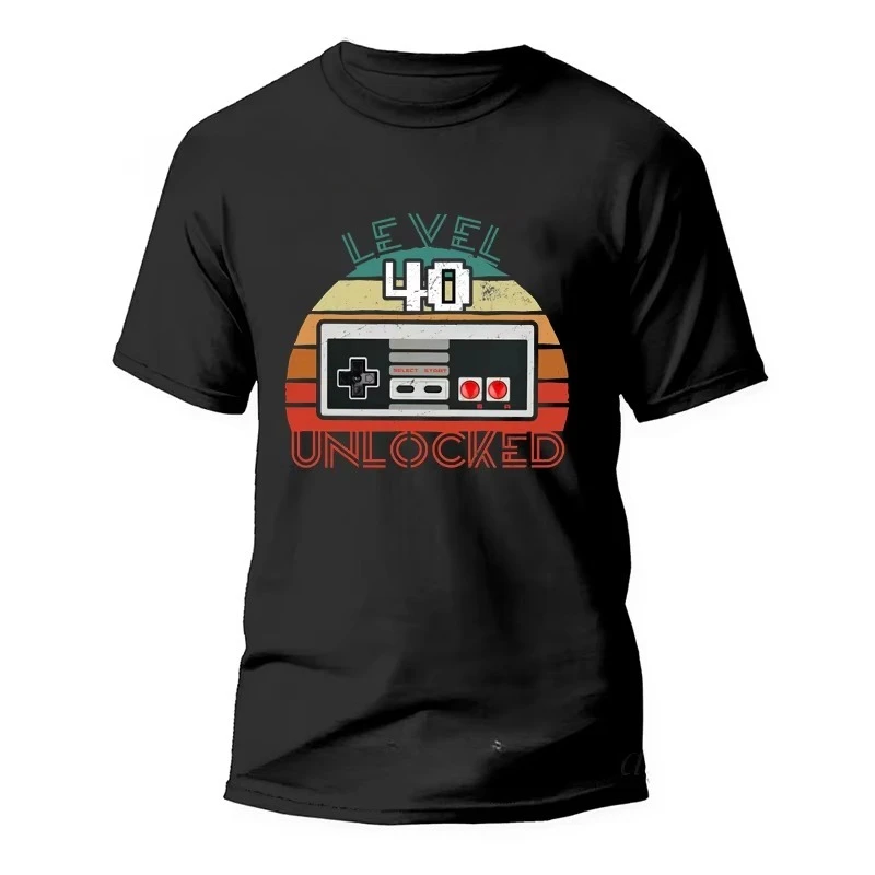 Vintage T Shirt Men Short Sleeve Streetwear O-Neck T-Shirt Tops Clothing 40th Birthday Gift Level 40 Unlocked Gamer Summer Tees