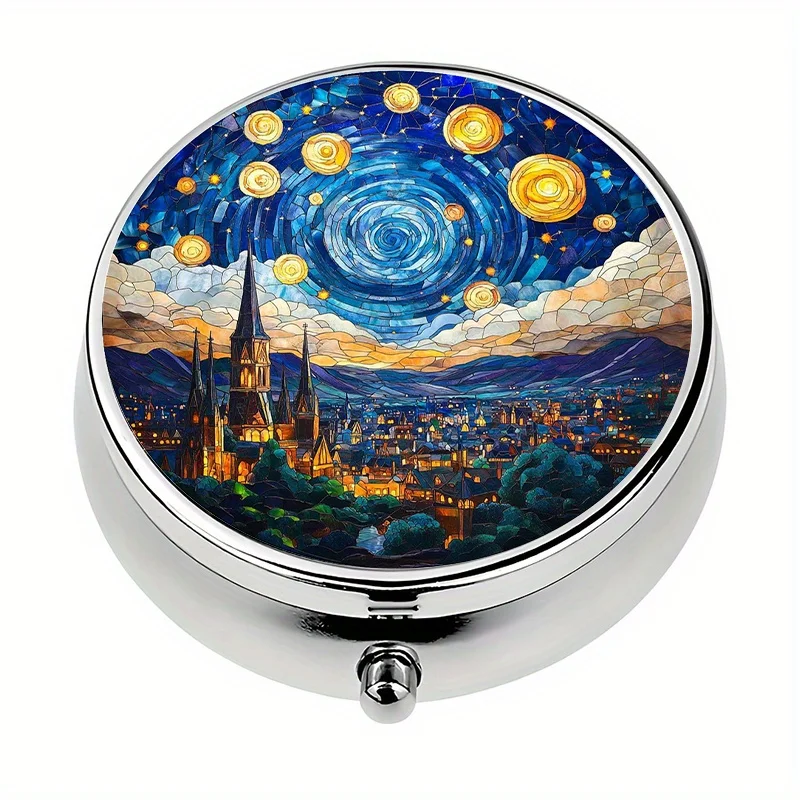 Single pack, pill box with 3 compartments, Starry Night portable pill box, vitamin storage box, suitable for outdoor travel and office organization