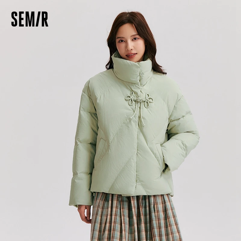 Jaqueta semir para mulheres, casaco grosso, gola alta, textura solta, estilo chinês, botão de disco, série suave, doce, inverno, novo, 2024