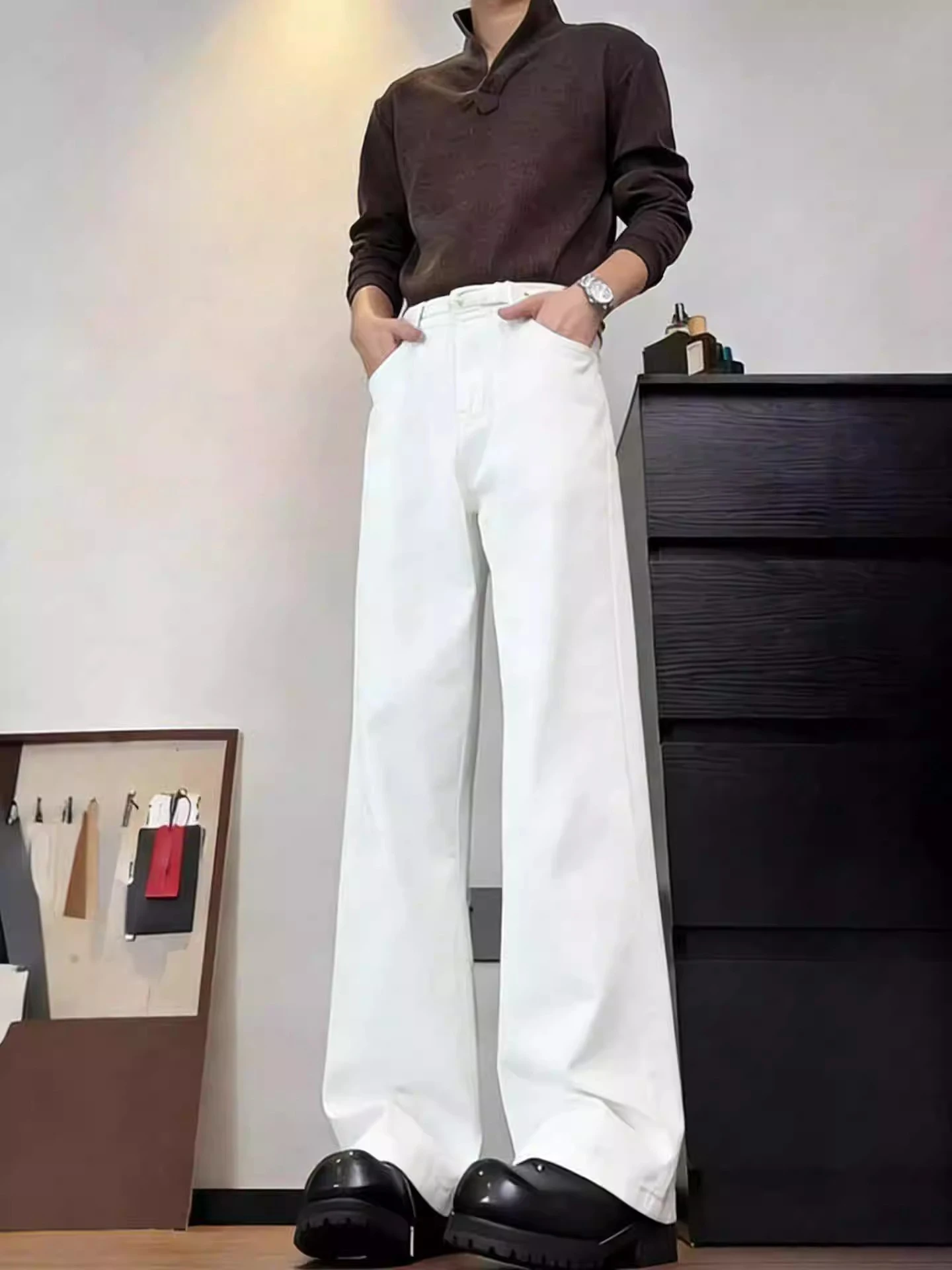

Tall Men's White Straight Leg Jeans Drapey Loose Extended Length Bootcut Pants American Sle Faionable Casual Trousers