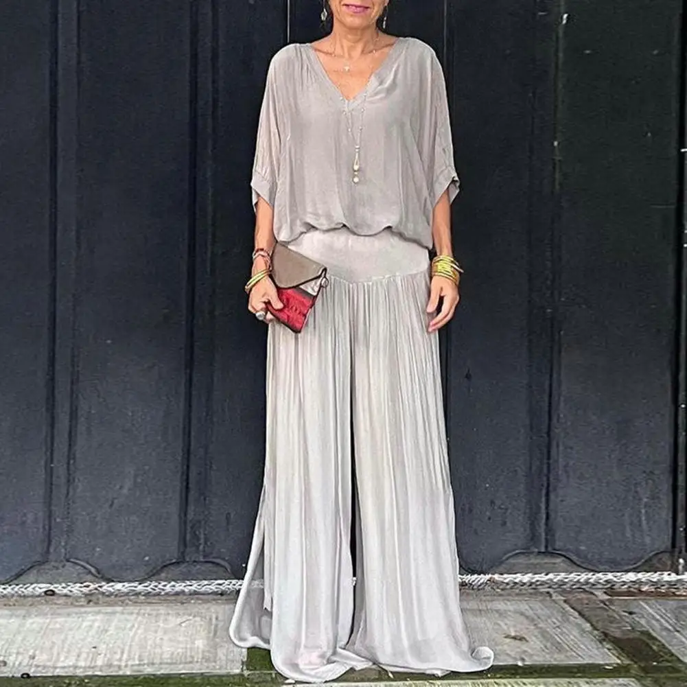 Wide-leg Pants Set Elegant V Neck Pleated Top Wide Leg Pants Set for Women Soft Comfortable Outfit with High Elastic Waist Bat