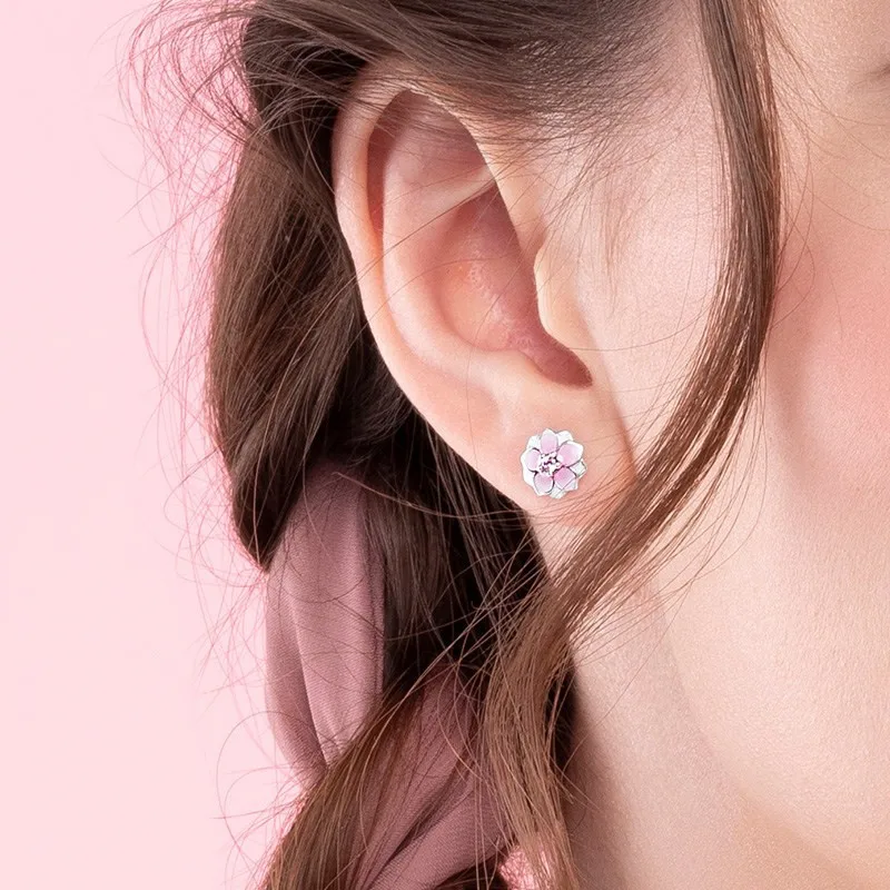 Sweet Pink Cherry Blossom Flowers 925 Sterling Silver Cute Bird Stud Earrings For Women Girl Jewelry Gift XE051