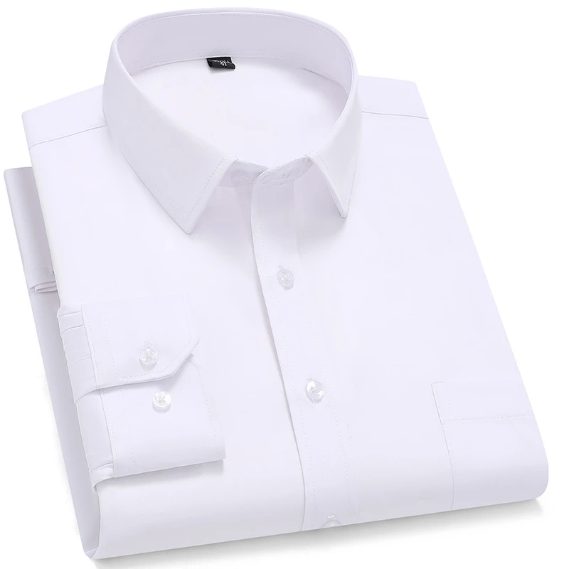 8XL Mens Shirts Long Sleeve Slim Fit Casual Solid Color Easy Care Anti-Wrinkle Business Non-Iron Long Sleeve Men's Shirts white