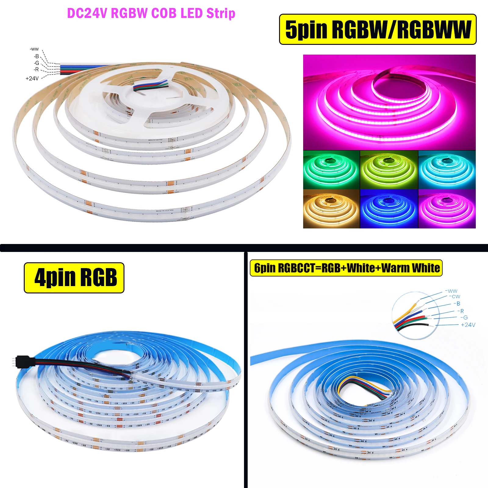 DC 12V 24V COB LED Strip 840 784LEDs/M RGB RGBW RGBWW RGBCCT High Bright Dotless Home Decor Led Tape Diode Flexible Ribbon Rope