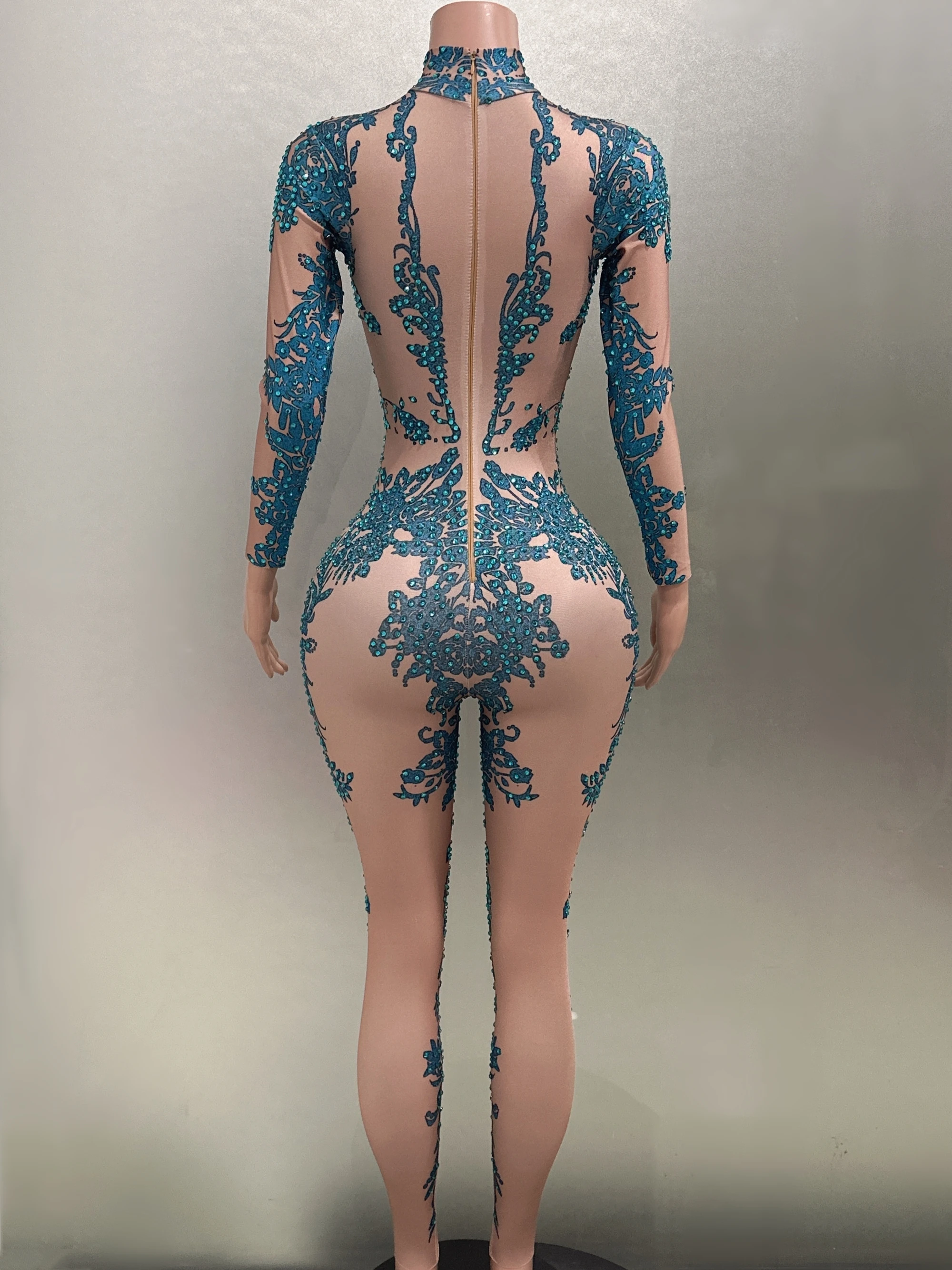 Em estoque de alta qualidade brilhante diamante azul cor bainha macacão boate cantor dj desempenho traje dançarino palco wear