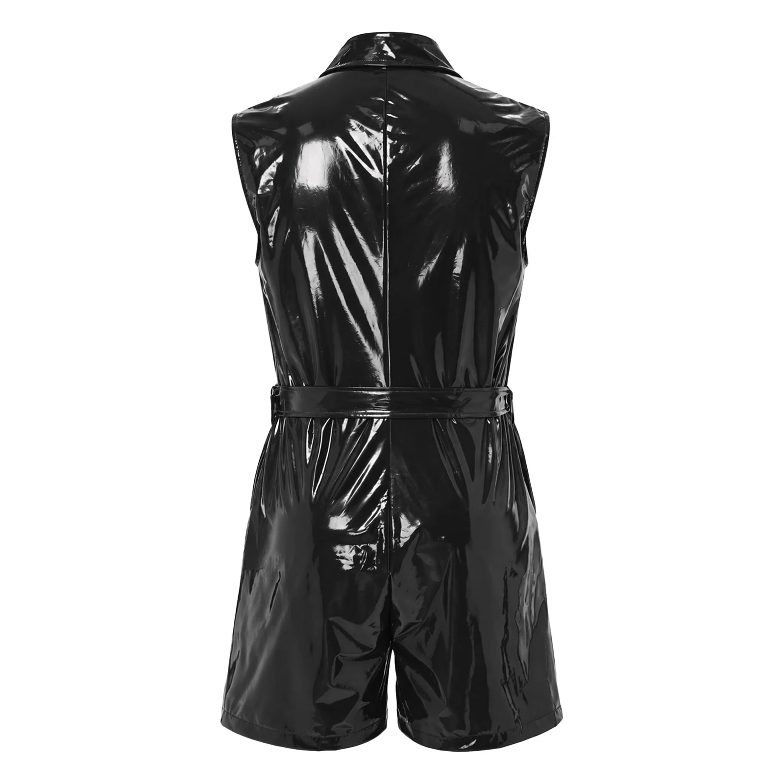Mens Patent Leather Jumpsuit Romper Sleeveless Bodysuit with Adjustable Belt and Pockets for Club DJ Party Live Music Show Night
