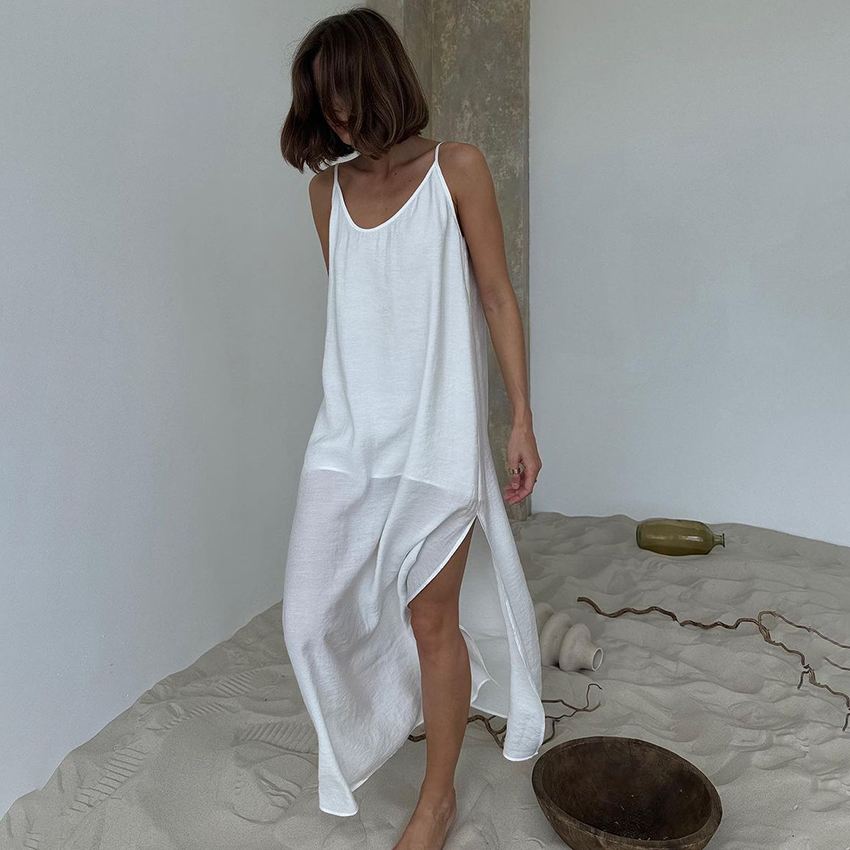  HiLoc Casual Loose White Long Dress Robe 2025 New Summer V Neck Dresses For Women Spring Sleeveless Straight Robes Nightgown 