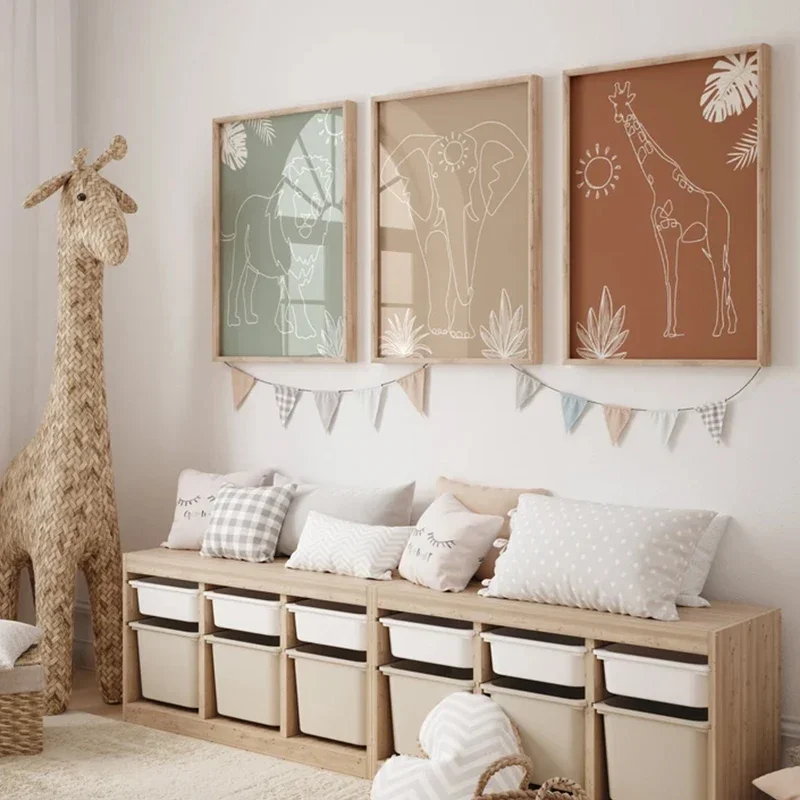 3 pièces Boho Safari ligne Art enfants chambre pépinière affiche Lion éléphant girafe Jungle animaux minimaliste toile peinture mur Art