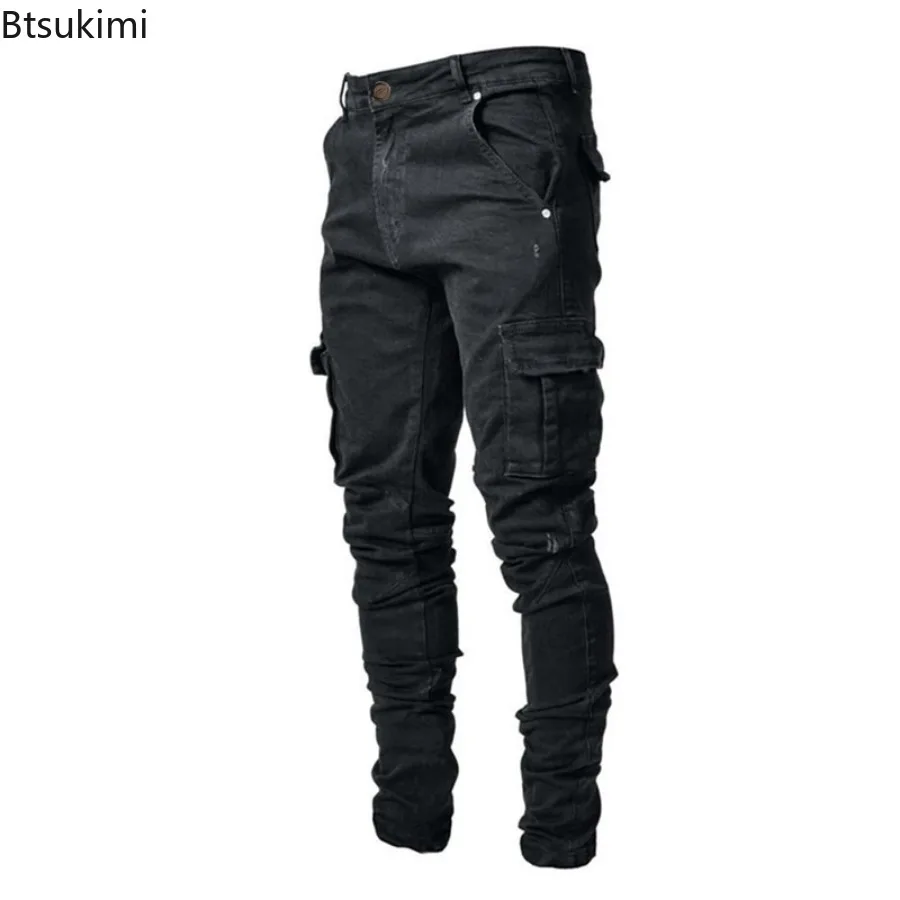 Fashion New Men's Denim Cargo Pants Multi-pockets Design Solid Slim Jeans Men Street Elastic Cowboy Trousers Daily Wear Joggers