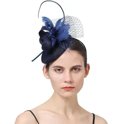 Navy Fascinator Hat Derby Wedding Cute Veil Sinamay Millinery Headwear Party Church Headpiece Fashion Feather Hair Accessories