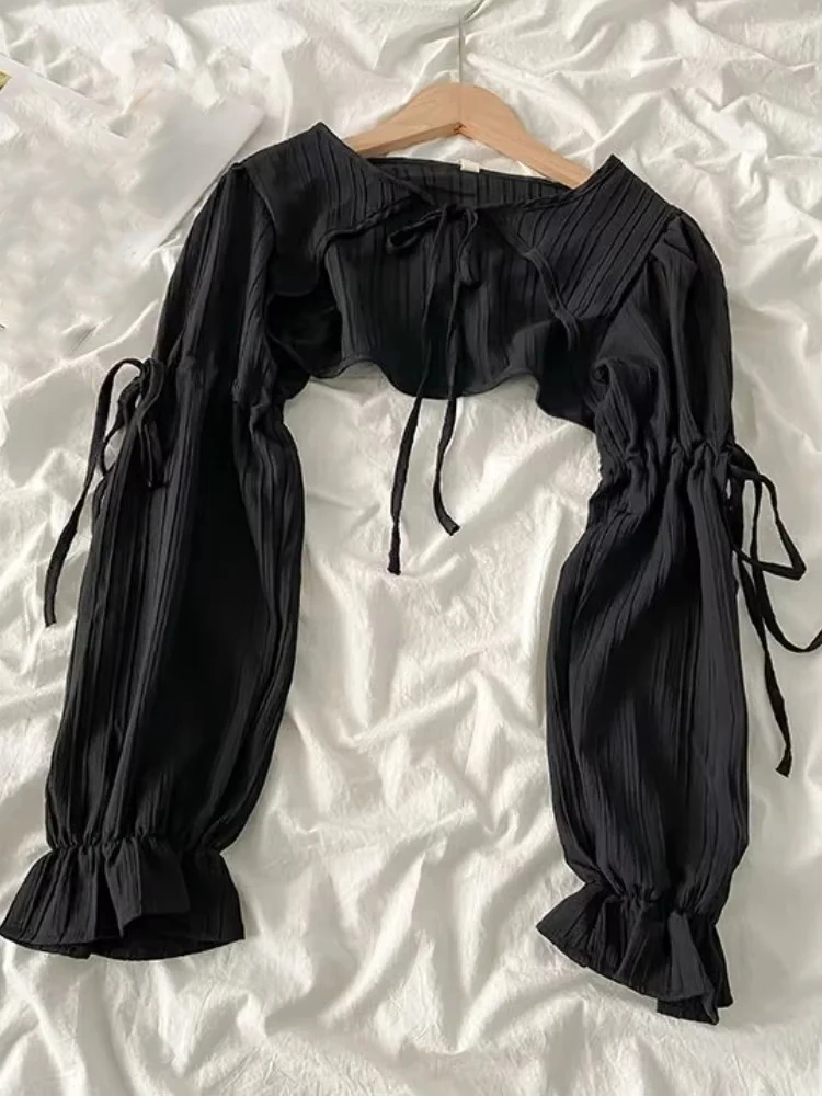 

Летний солнцезащитный кардиган Y2k, женская одежда, тонкие укороченные топы, бандажная блузка с длинными рукавами, накидка Femme, корейский свитер с оборками