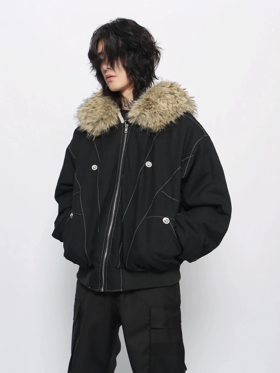 American Retro High Street High-End Feel Fur Collar Fleece-Lined Thickened Hooded Jacket Loose Casual Jacket Cotton Coat  Men
