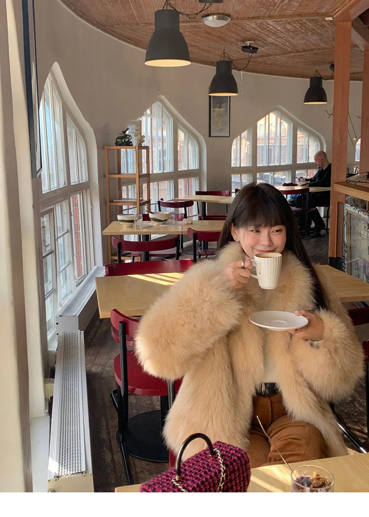 Women Faux Fox Fur Coats Solid Fur Jackets Cotton Linen Haf High Collar Long Sleeves Open Stitch Loose Casual 2026 Autumn Winter