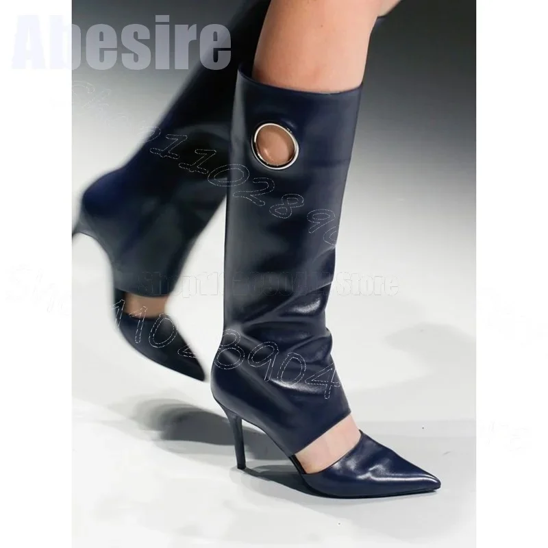 الأزرق الداكن دائرة تصميم جوفاء أشار تو الأحذية الانزلاق على أحذية النساء رقيقة عالية الكعب حفلة عيد يؤرخ 2025 Zapatos Para Mujere #2