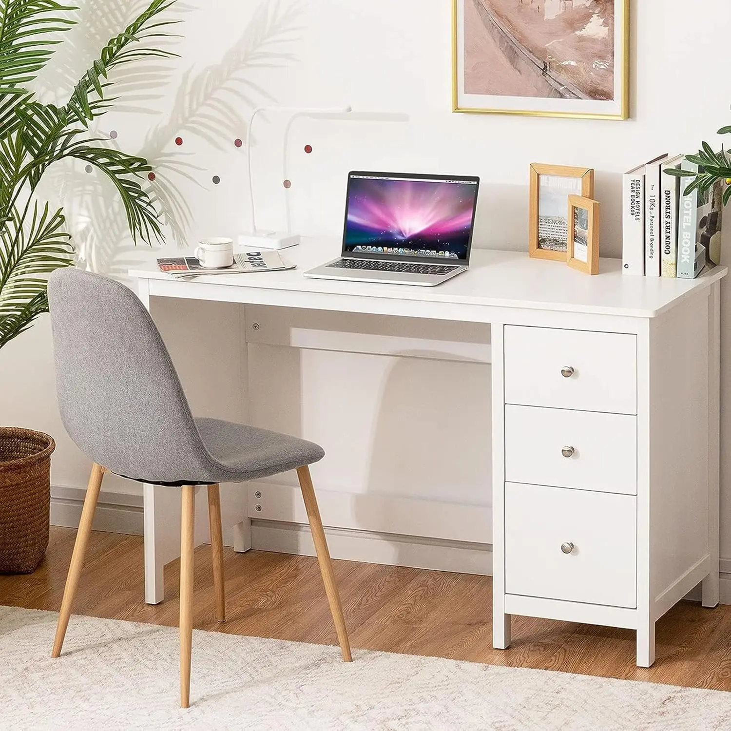 POWERSTONE-Mesa do computador com 3 gavetas, 48 "Modern Home Office Desk, Estudo Escrita Tabela, Workstation, Branco