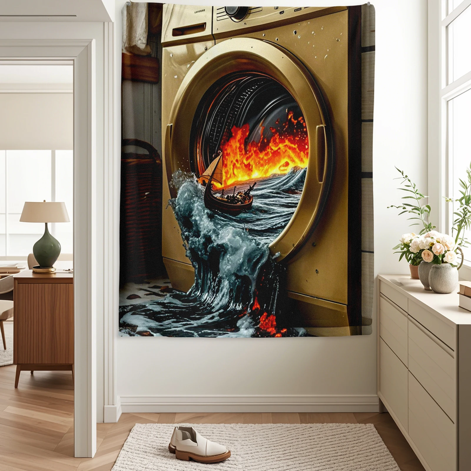 Washing Machine Ocean Tapestry Blanket With Boat And Flame Design For Creative Decor And Unique Maritime Inspired Ambiance
