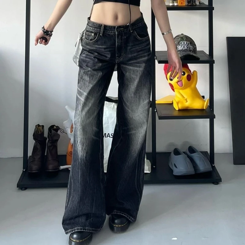 Deeptown Y2k Vintage Woman Jeans Baggy America Retro High Street Harajuku Black Denim Pants Streetwear Grunge Wide Leg Trousers