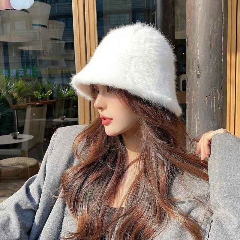 2023New Bob Hat Winter Women\'s Fashion Solid Color Rabbit Fur Hat Bucket Cap Fisherman\'s Hat Retro Knitted Wool Basin Bucket Hat