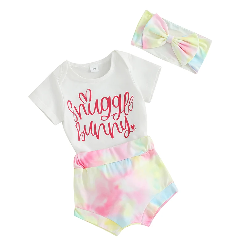 Baby Girl Easter Outfit Round Neck Short Sleeve Romper Elastic Waist Rabbit Print Shorts Headband 3 Piece Infant Toddler Set