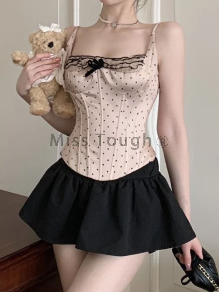 Casual Polka Dot Tank Sleeveless Tops Women Fashion Y2k Lace Sling Strapless Top Female Vintage Sweet Slim Bow Short Vest Girl