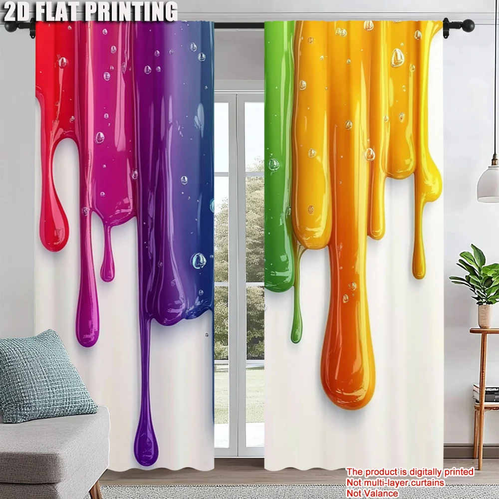 

2Pcs Rainbow Drip Digital Printed Window Curtains Polyester Material Machine Washable Rod Pocket Design For Living Room Kitchen